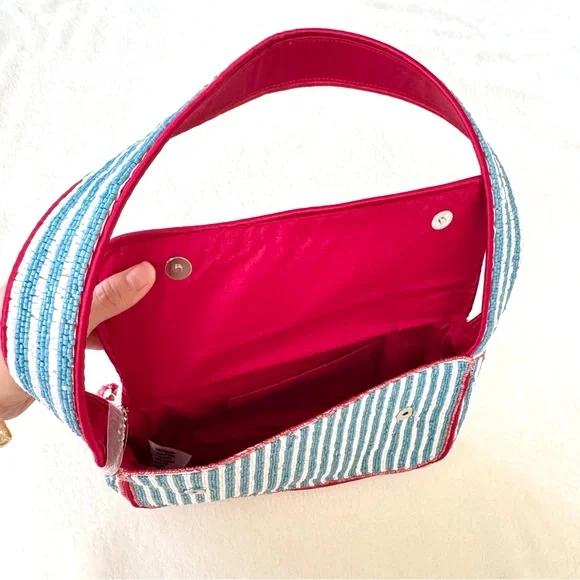 Viral Beaded Light Blue & White Striped Lobster Bag w/ Beaded Lobster Bag Charm - Picture 13 of 15